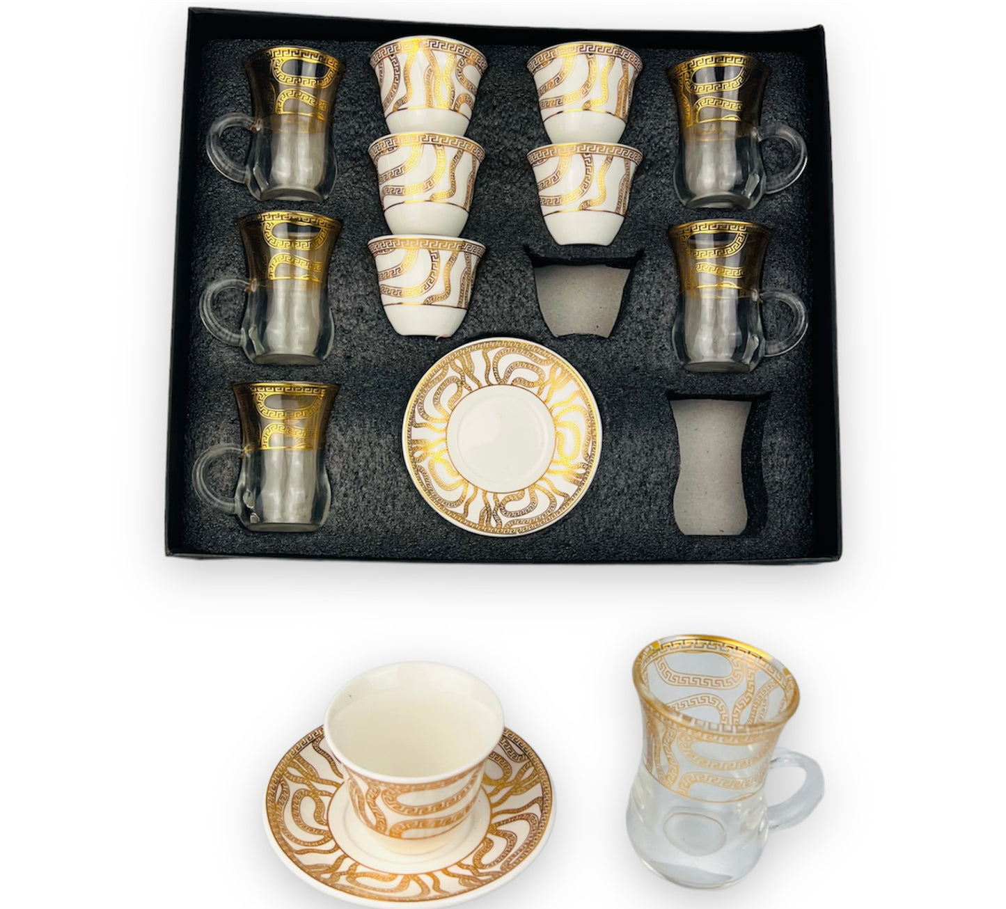 18-teiliges Luxus Geschirrservice Mokkatassen und Teegläser Mäander 60ml NEU