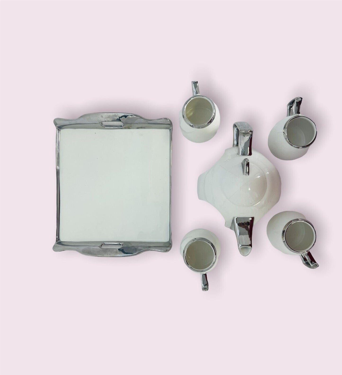 Designer Teekannenset für 4 Personen Weiß-Silber mit Tablett Serviergeschirr Teegeschirr Gold