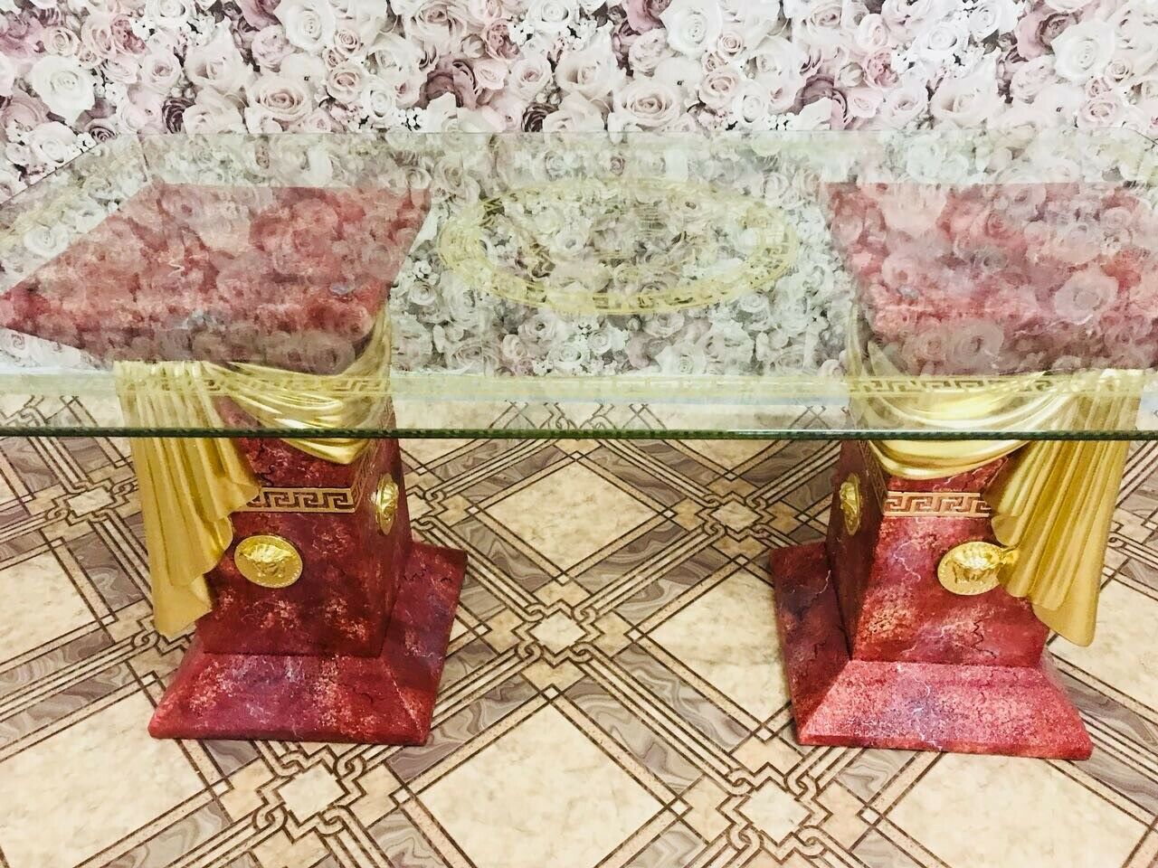 Red Lady Wohnzimmertisch Barockstil Couchtisch Vintage Mäander Rot-Gold